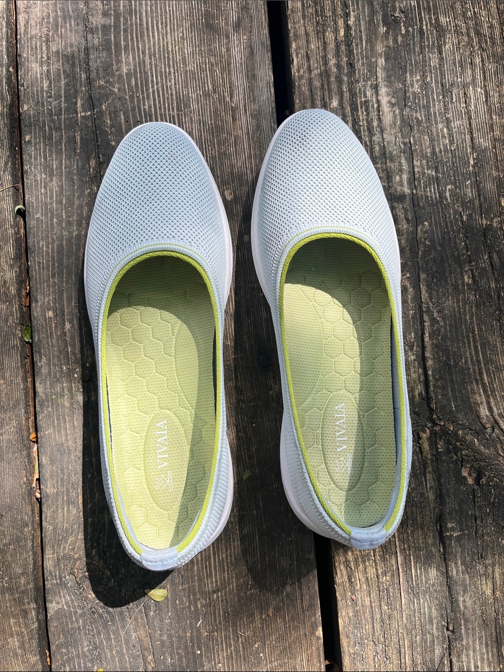 Vivaia Light Blue Slip-On Flats with Lime Green Insole
